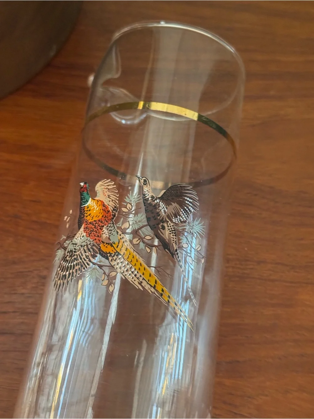Vintage Mid-Century Pheasant Glass Cocktail Pitcher with Gold Rim
